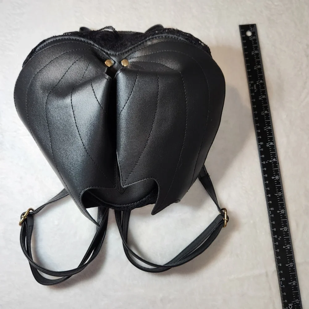 Black Heart Bat Wing Gothic Lace Backpack Faux Leather Alt Dark Academia Gold